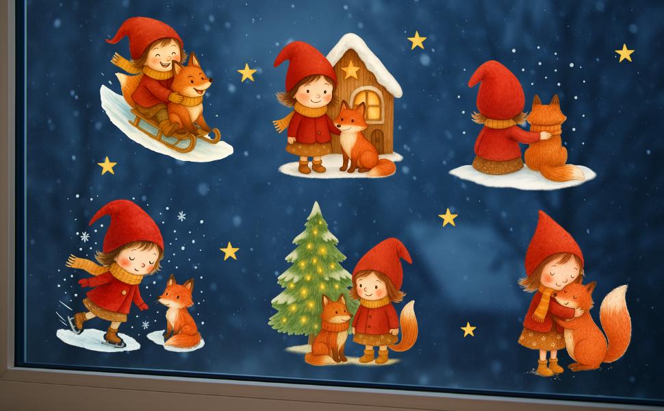Weihnachtsdeko Fenster – Fensterbild Wichtel mit Fuchs & Tannenbaum – Advent Fenstersticker Sterne – Winter Fensterdeko wiederverwendbar – 
