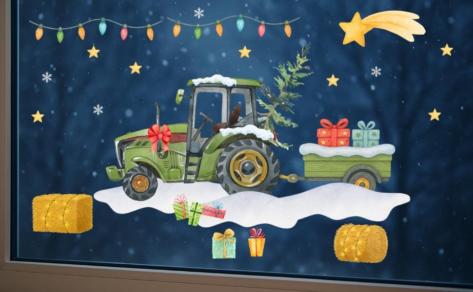 Fensterbild Weihnachten Traktor - Statisch haftend & wiederverwendbar – Weihnachtsdeko Fenster Bauernhof – Grüner Traktor mit Geschenken – 