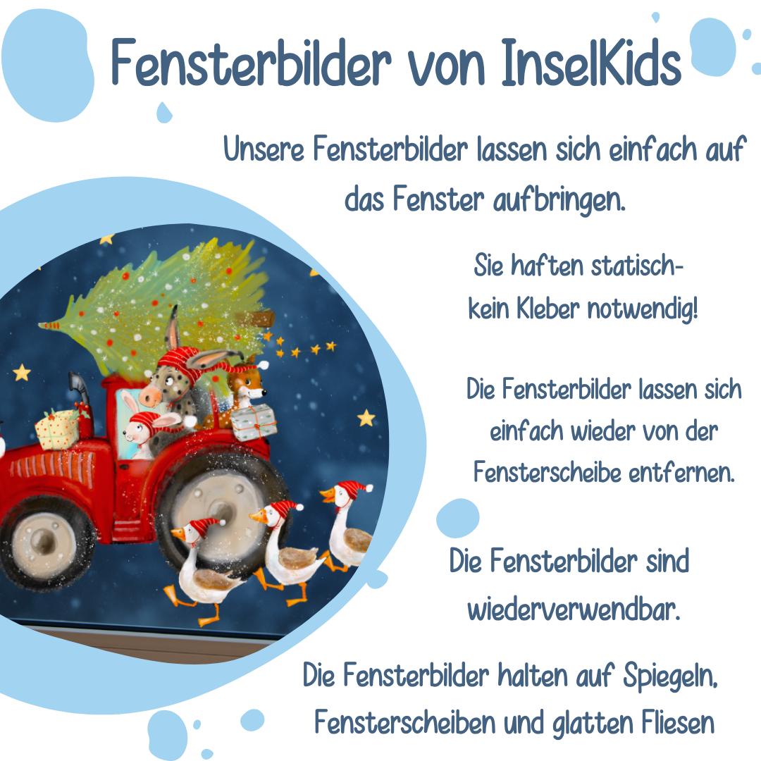 Fensterbild Weihnachten Traktor – Bauernhof Tiere mit Tannenbaum & Geschenken – Weihnachtsdeko Fenstersticker wiederverwendbar – 