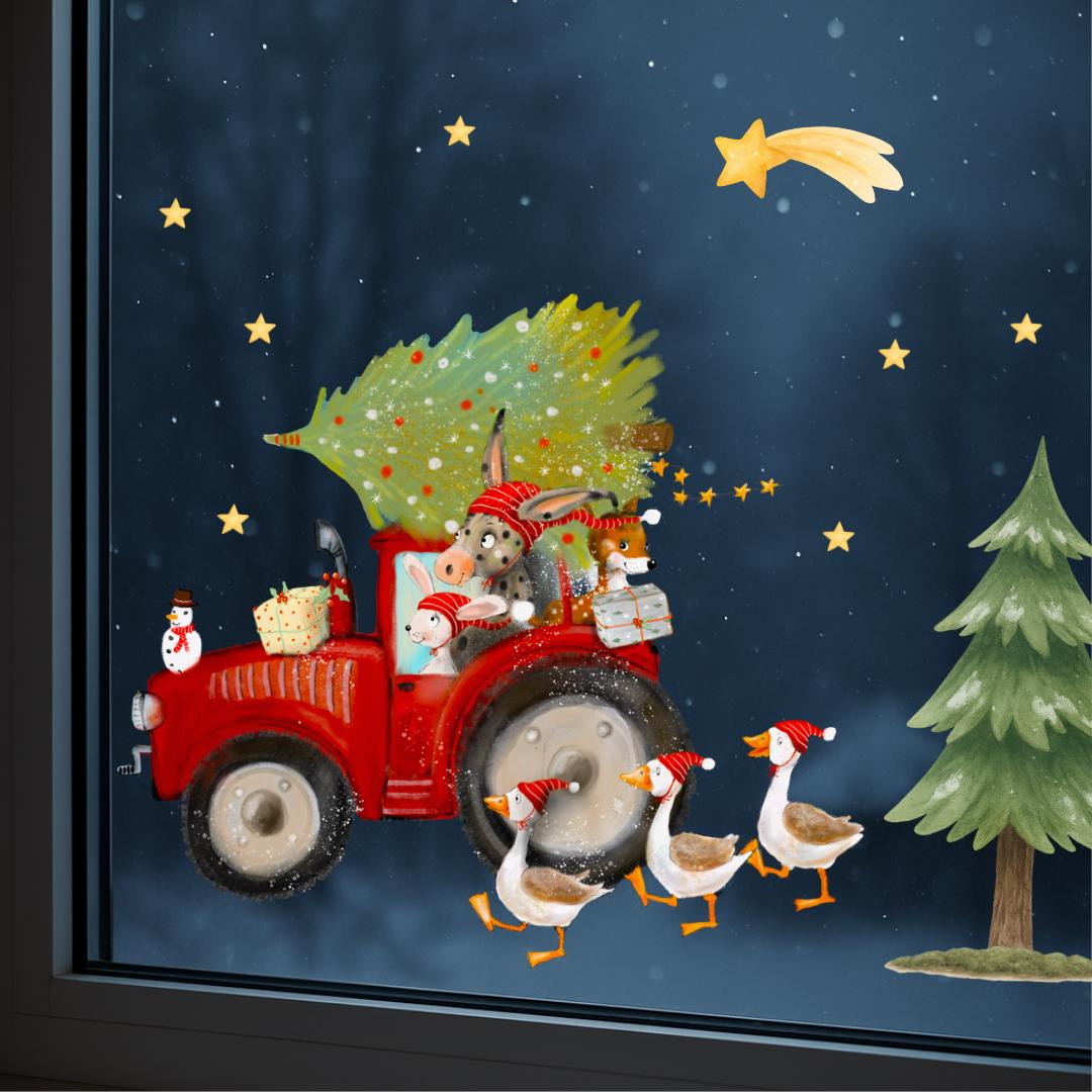 Fensterbild Weihnachten Traktor – Bauernhof Tiere mit Tannenbaum & Geschenken – Weihnachtsdeko Fenstersticker wiederverwendbar – 