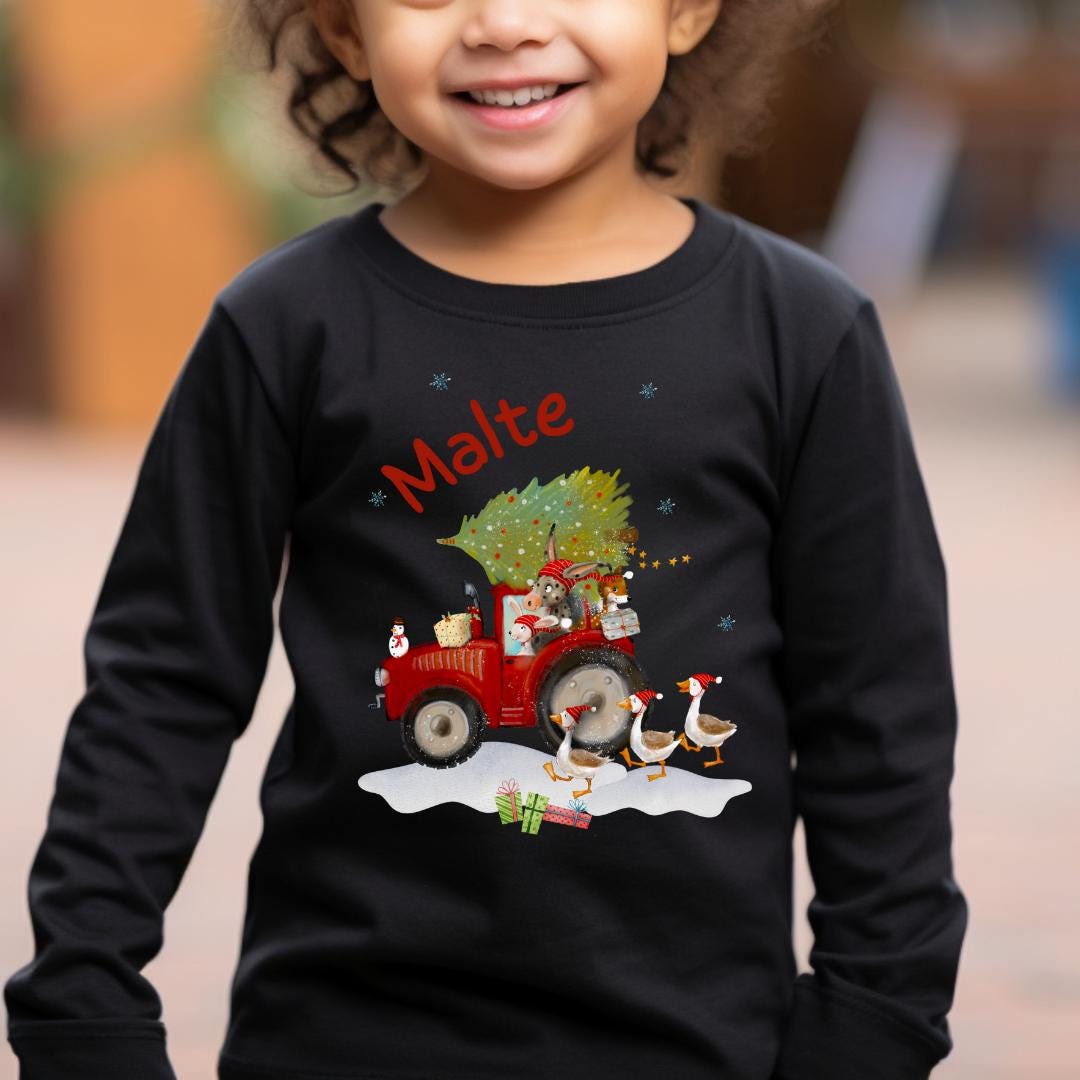 Langarmshirt Weihnachten Traktor - personalisiert mit Namen – roter Trecker mit Tieren & Geschenken – Weihnachtsshirt Bauernhof – T-shirts