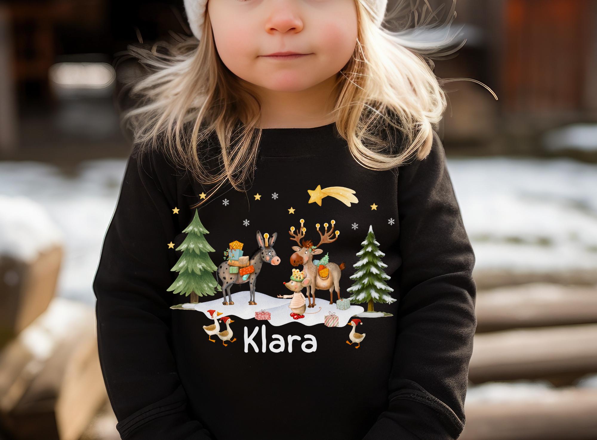 Weihnachtsshirt Tiere - personalisiert mit Namen – Langarmshirt Weihnachten Esel, Elch & Maus – Weihnachtskleidung – T-shirts