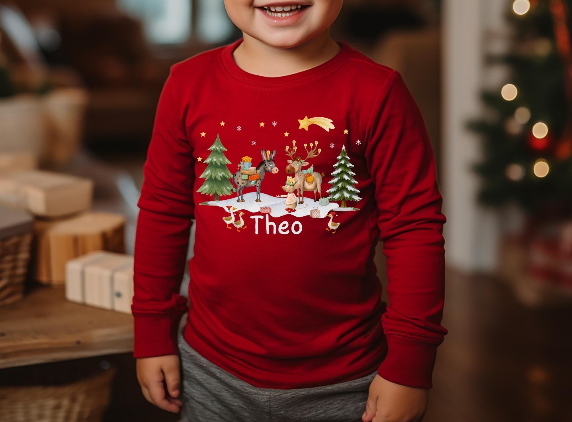 Weihnachtsshirt Tiere - personalisiert mit Namen – Langarmshirt Weihnachten Esel, Elch & Maus – Weihnachtskleidung – T-shirts