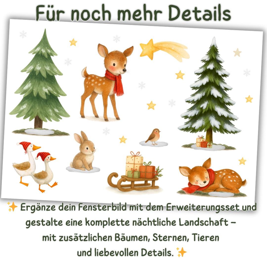 Fensterbild Weihnachten Waldtiere – Winterlandschaft mit Reh, Igel & Sternen – Weihnachtsdeko Fenstersticker Advent und Winterdeko – 