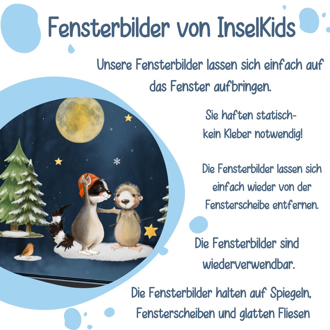 Fensterbild Weihnachten Waldtiere – Winterlandschaft mit Reh, Igel & Sternen – Weihnachtsdeko Fenstersticker Advent und Winterdeko – 