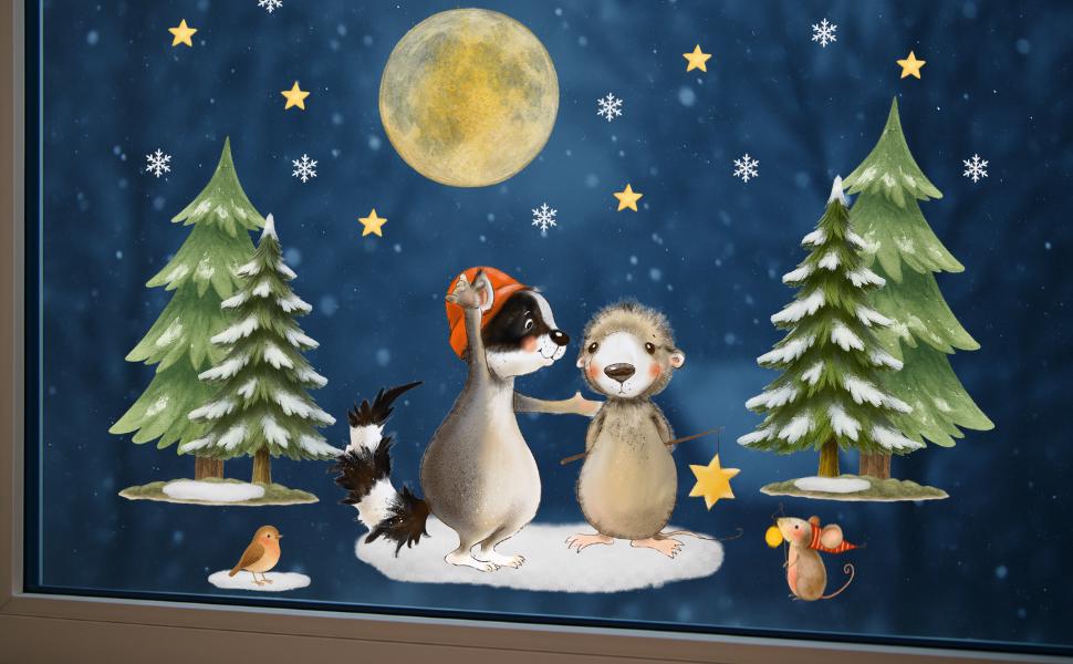 Fensterbild Winter Waldtiere – Winterlandschaft mit Reh, Igel & Sternen – Winterdeko Fenstersticker Advent und Winterdeko – 
