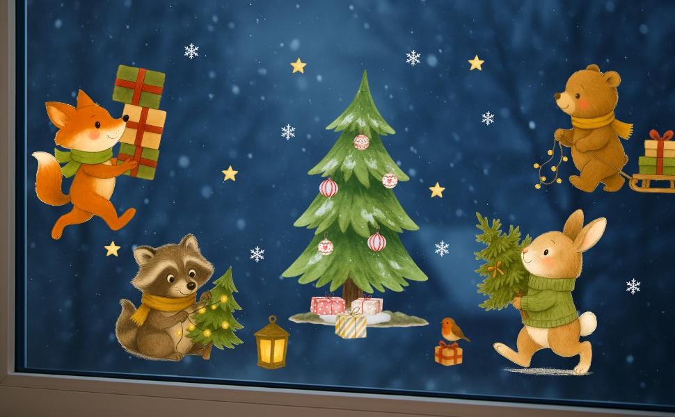 Fensterbild Weihnachten Tiere - statisch haftend & wiederverwendbar – Fensterdeko Tiere zimmer – Weihnachtsdeko Fenster – 