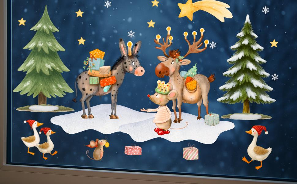 Fensterbild Weihnachten mit Rentier, Esel und Maus – Winterlandschaft mit Geschenken und Tannen – wiederverwendbare Weihnachtsdeko – 