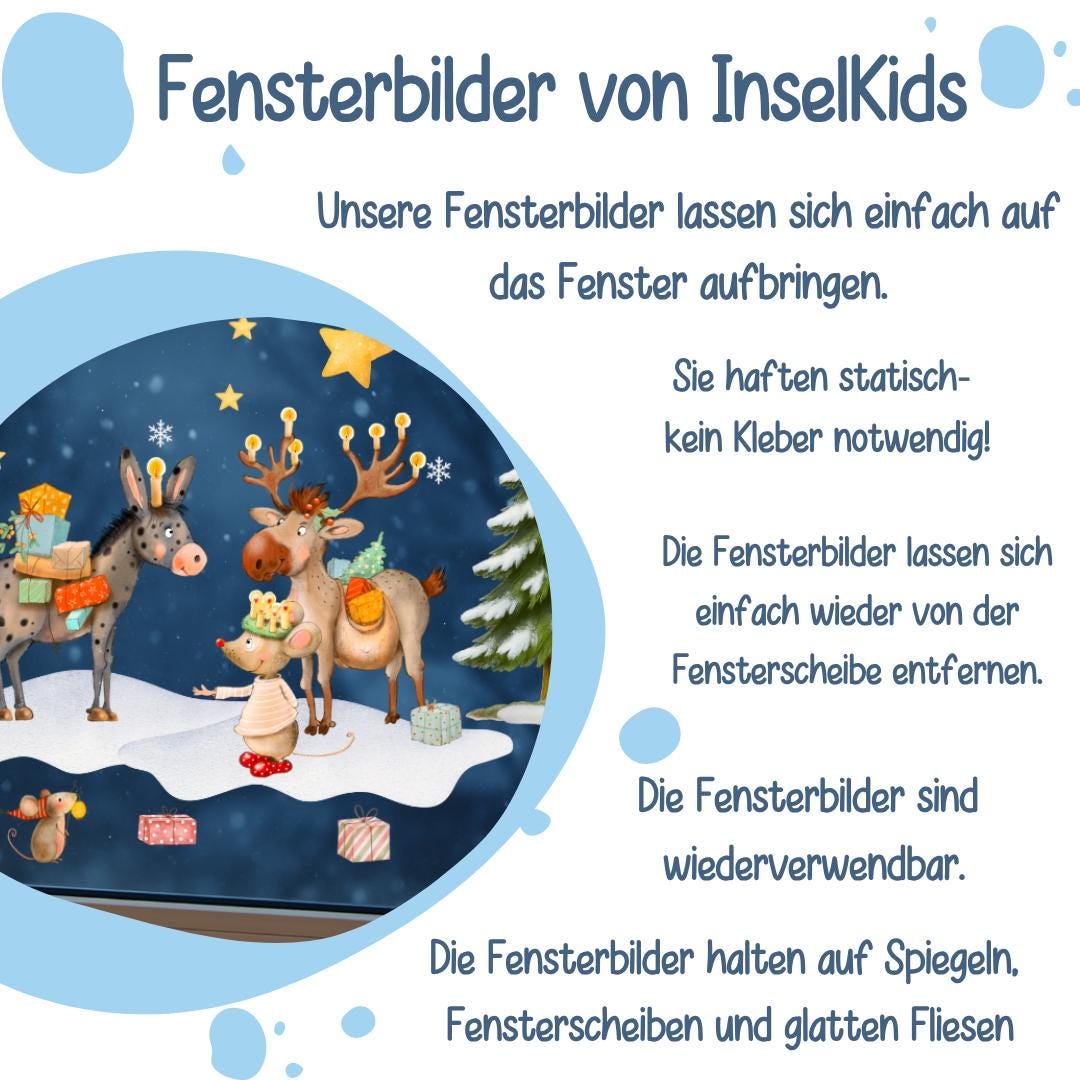Fensterbild Weihnachten mit Rentier, Esel und Maus – Winterlandschaft mit Geschenken und Tannen – wiederverwendbare Weihnachtsdeko – 