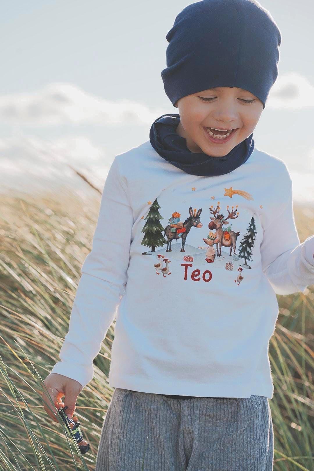 Weihnachtsshirt Tiere - personalisiert mit Namen – Langarmshirt Weihnachten Esel, Elch & Maus – Weihnachtskleidung – T-shirts