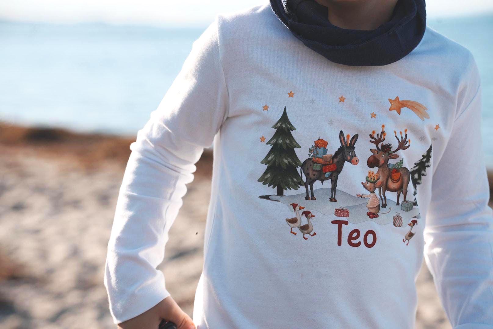 Weihnachtsshirt Tiere - personalisiert mit Namen – Langarmshirt Weihnachten Esel, Elch & Maus – Weihnachtskleidung – T-shirts