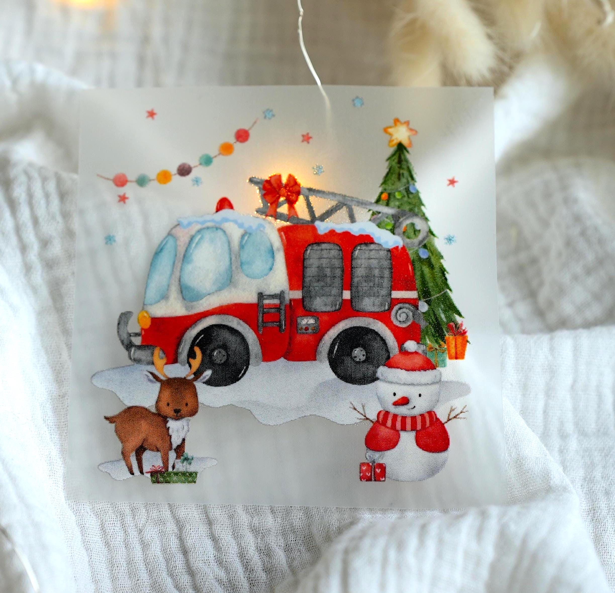 Bügelbild Weihnachten Feuerwehr – Feuerwehrauto Bügelmotiv für – Weihnachtsshirt & Pullover DIY Geschenk – Patches