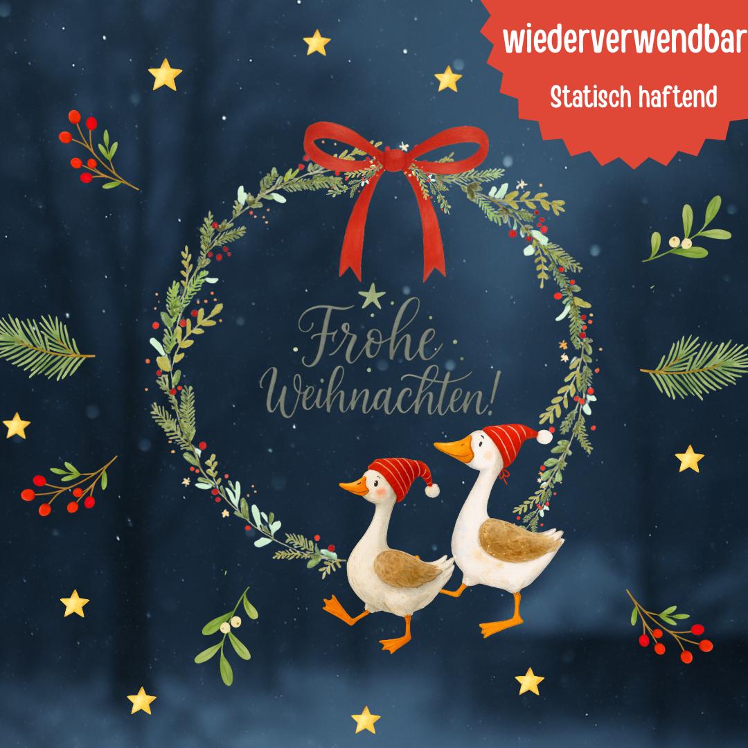 Fensterbild Weihnachten Kranz mit Gänsen – Frohe Weihnachten Motiv mit Sternen, Schleife und Zweigen – wiederverwendbare Weihnachtsdeko – 