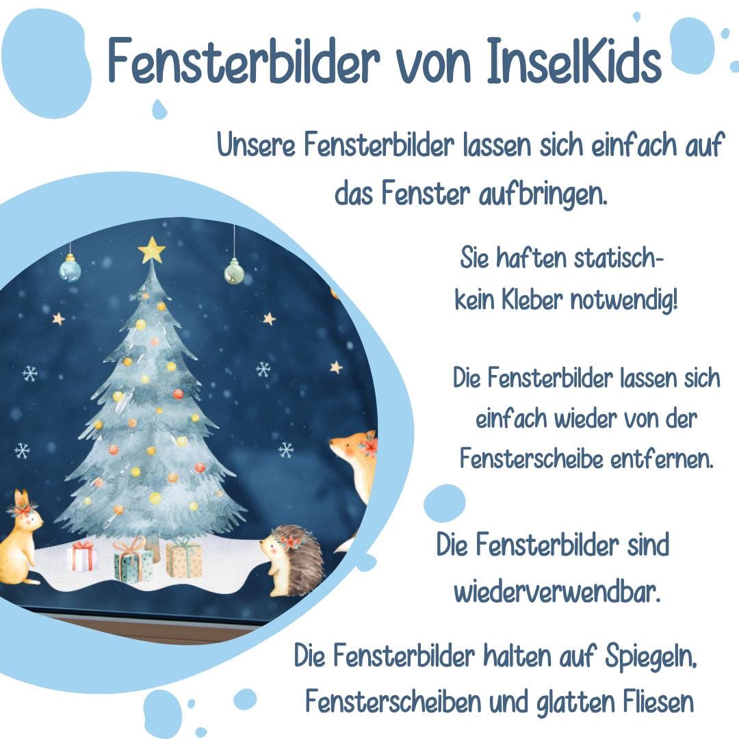 Fensterbild Weihnachten Waldtiere – Winterliche Fensterdeko mit Weihnachtsbaum & Tieren – Sticker für Fenster und Spiegel – 
