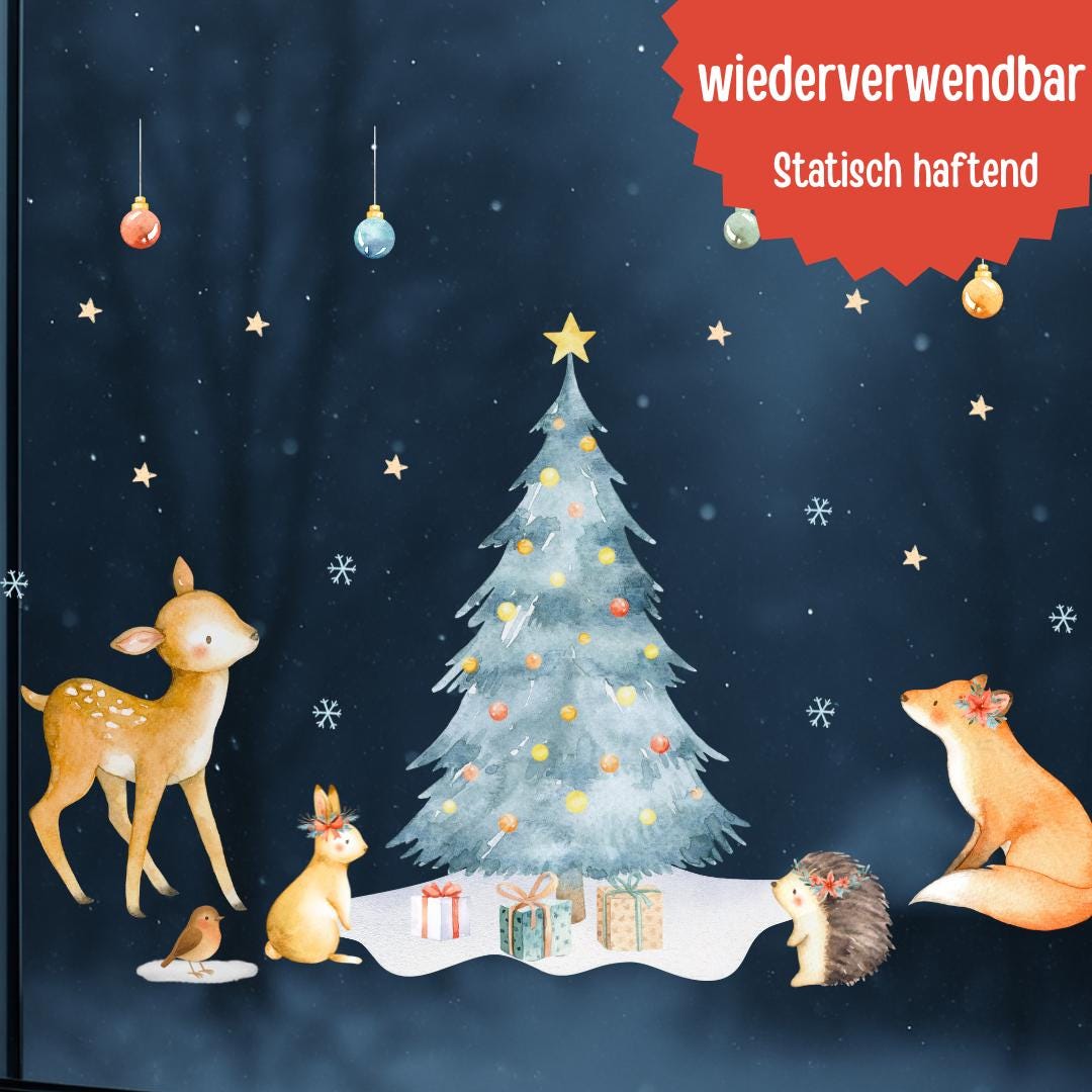 Fensterbild Weihnachten Waldtiere – Winterliche Fensterdeko mit Weihnachtsbaum & Tieren – Sticker für Fenster und Spiegel – 