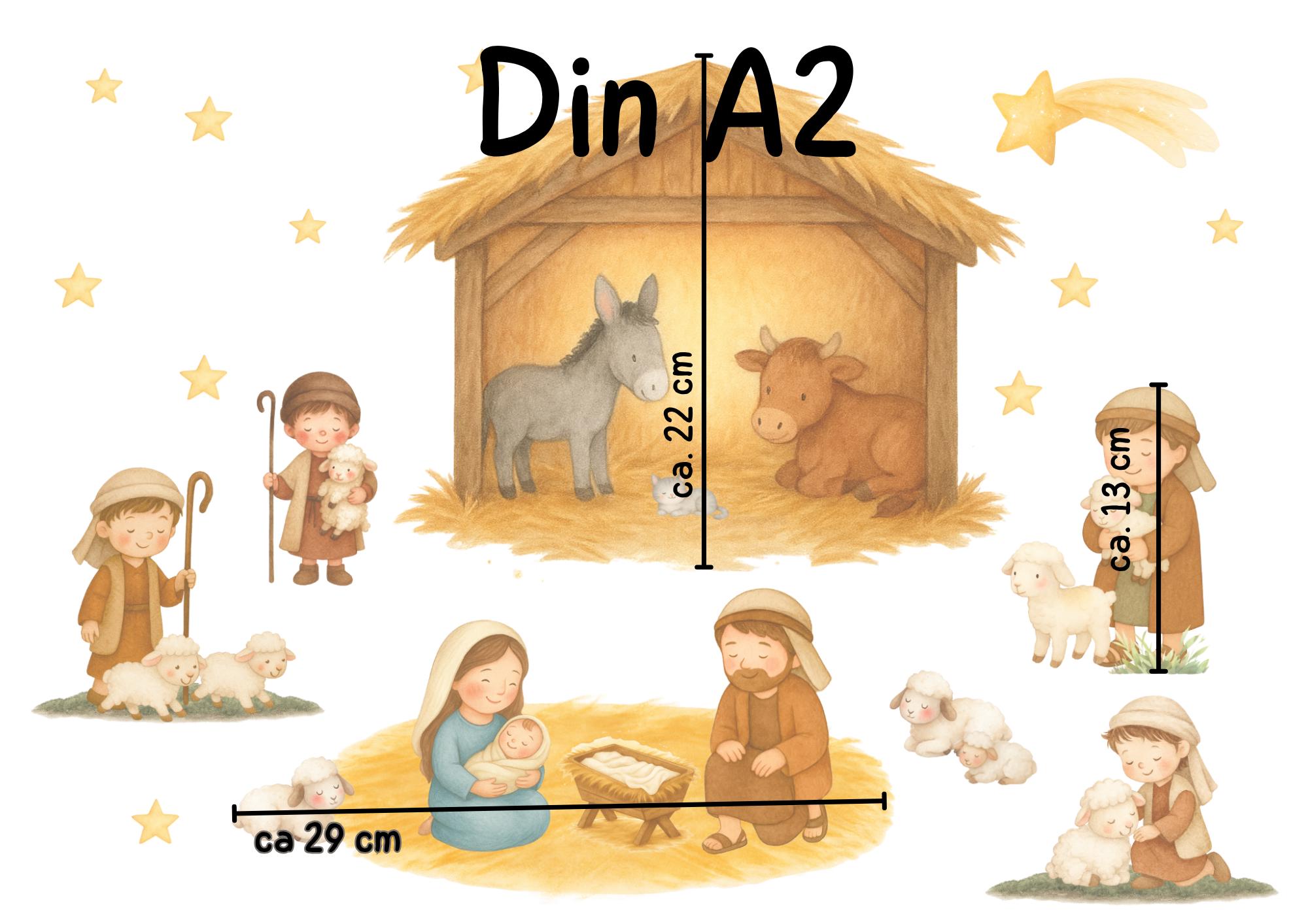 Fensterbild Weihnachten Krippe – Heilige Familie & Stall von Bethlehem – Weihnachtsdeko Fenster statisch haftend und wiederverwendbar – 