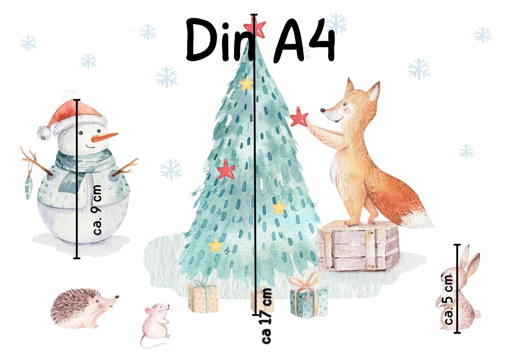 Fensterbild Weihnachten Fuchs & Schneemann - statisch haftend und wiederverwendbar – winterliche Fensterdeko mit Tannenbaum – 
