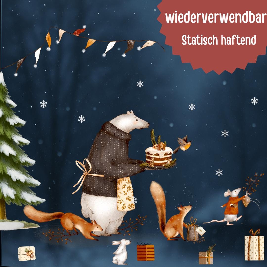Fensterbild Weihnachten Bär - statisch haftend & wiederverwendbar – Winterwald Deko mit Maus, Eichhörnchen – 