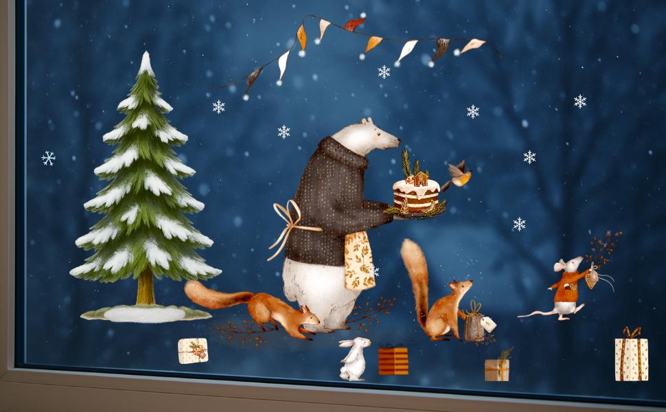Fensterbild Weihnachten Bär - statisch haftend & wiederverwendbar – Winterwald Deko mit Maus, Eichhörnchen – 