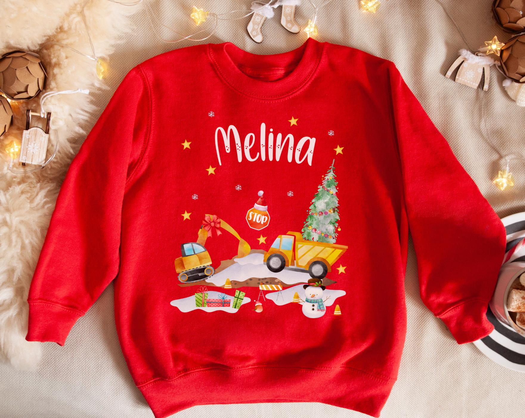 Bügelbild Weihnachten Bagger – personalisiert mit Name- Baustellen Motiv für Shirt & Pullover – Bügelmotiv A4 oder A5 – Patches