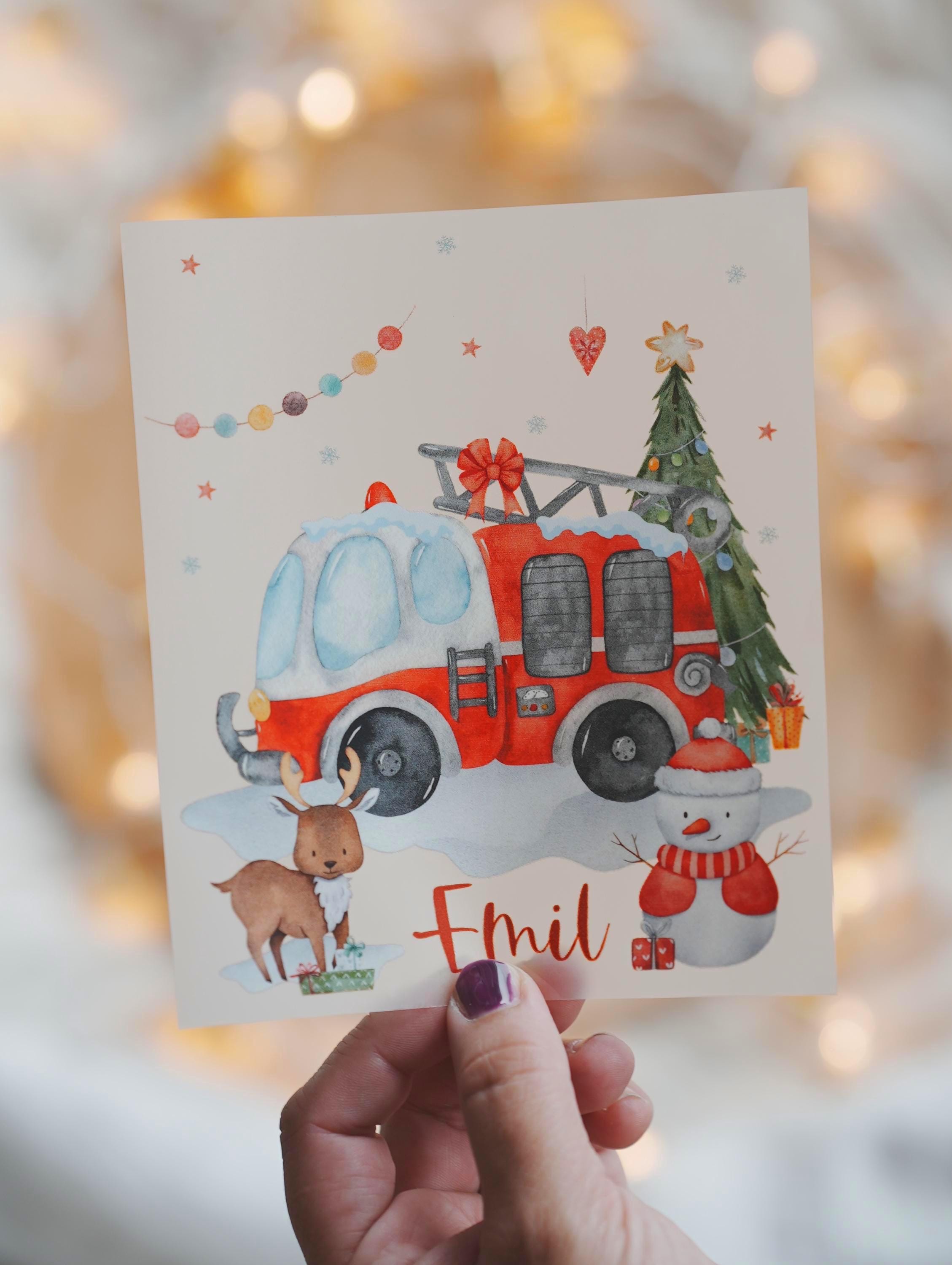 Bügelbild Weihnachten Feuerwehr - personalisiert mit Name – Feuerwehrauto Motiv für Shirt & Pullover – Weihnachts Bügelmotiv – Patches