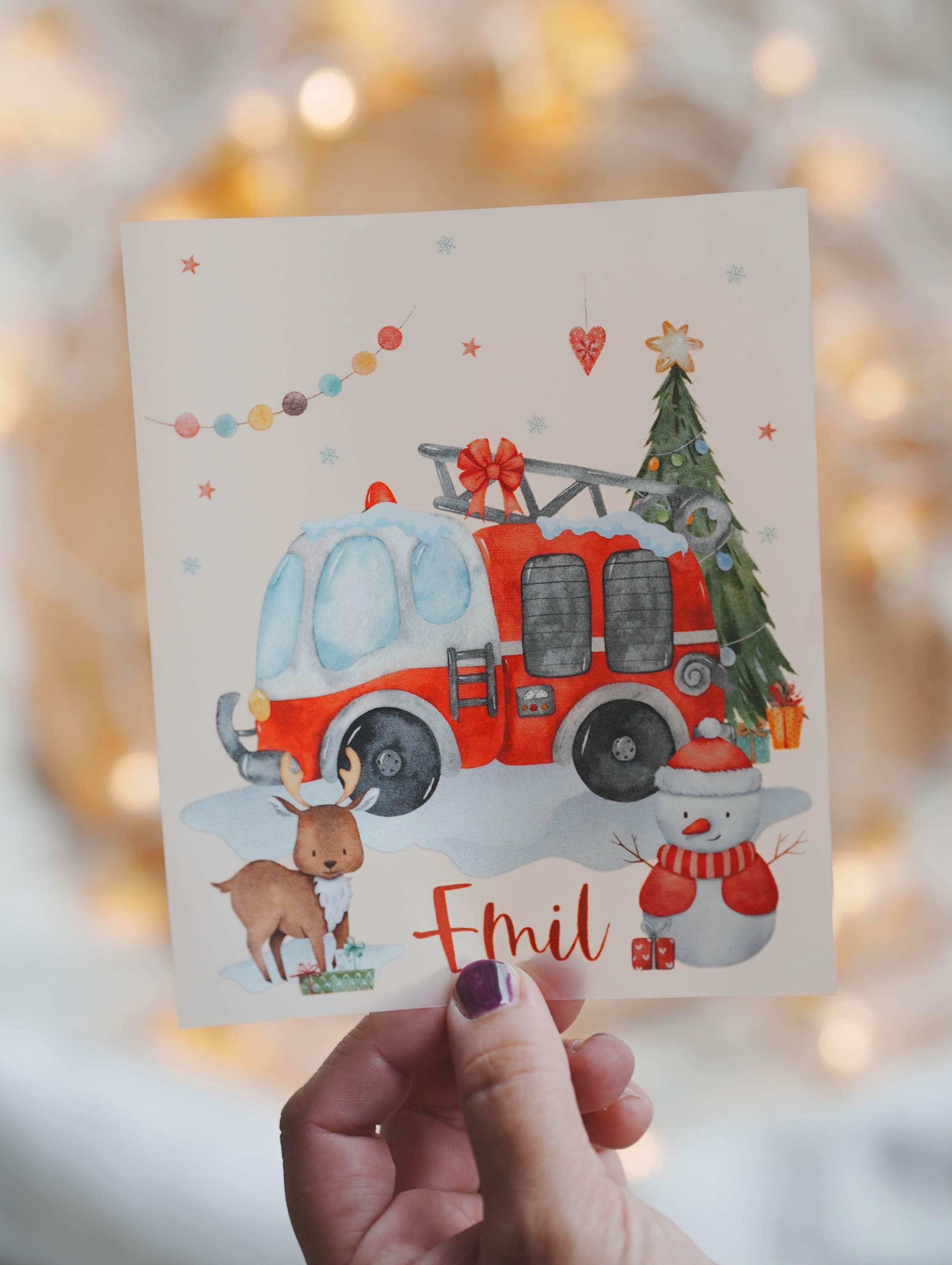 Bügelbild Weihnachten Feuerwehr - personalisiert mit Name – Feuerwehrauto Motiv für Shirt & Pullover – Weihnachts Bügelmotiv – Patches