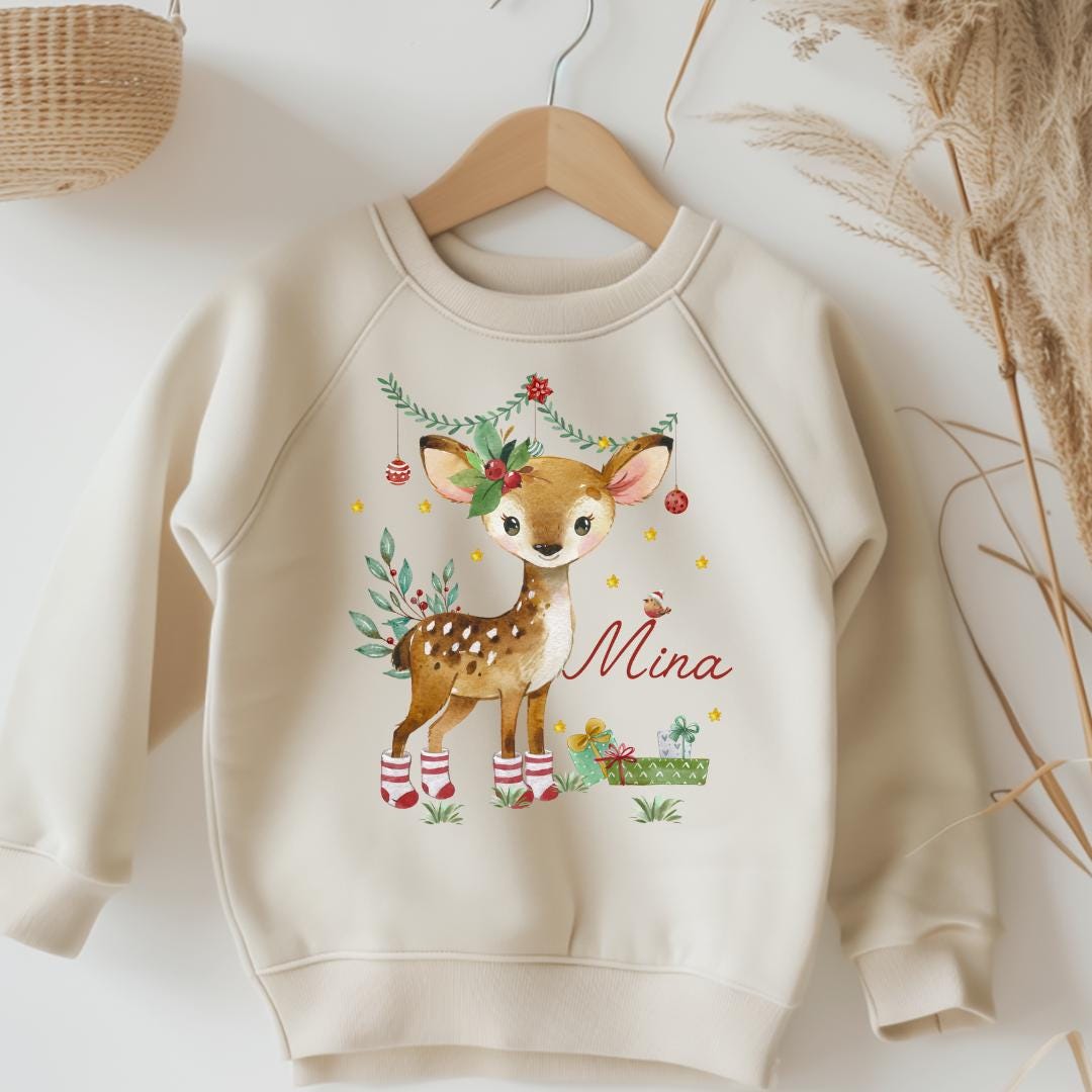 Bügelbild Weihnachten Reh – personalisiert mit Name - Waldtiere Motiv für Shirt & Pullover – Bügelmotiv A4 oder A5 – Patches