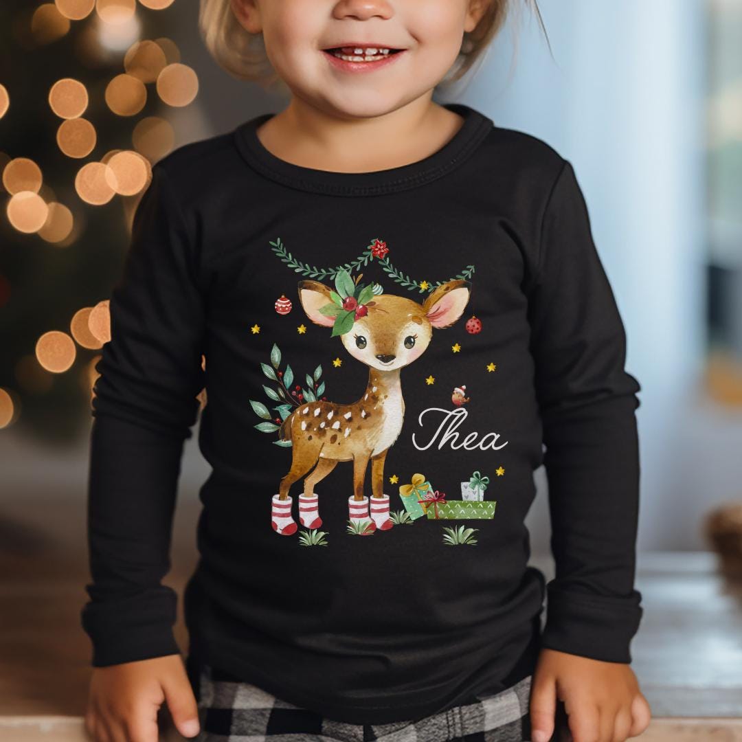 Bügelbild Weihnachten Reh – personalisiert mit Name - Waldtiere Motiv für Shirt & Pullover – Bügelmotiv A4 oder A5 – Patches