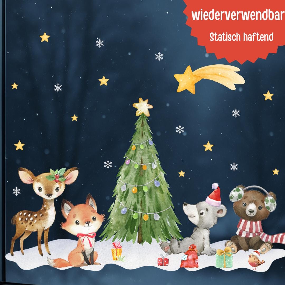 Fensterbild Weihnachten Waldtiere – Reh, Fuchs, Bär & Maus mit Weihnachtsbaum - statisch haftend und wiederverwendbar – 