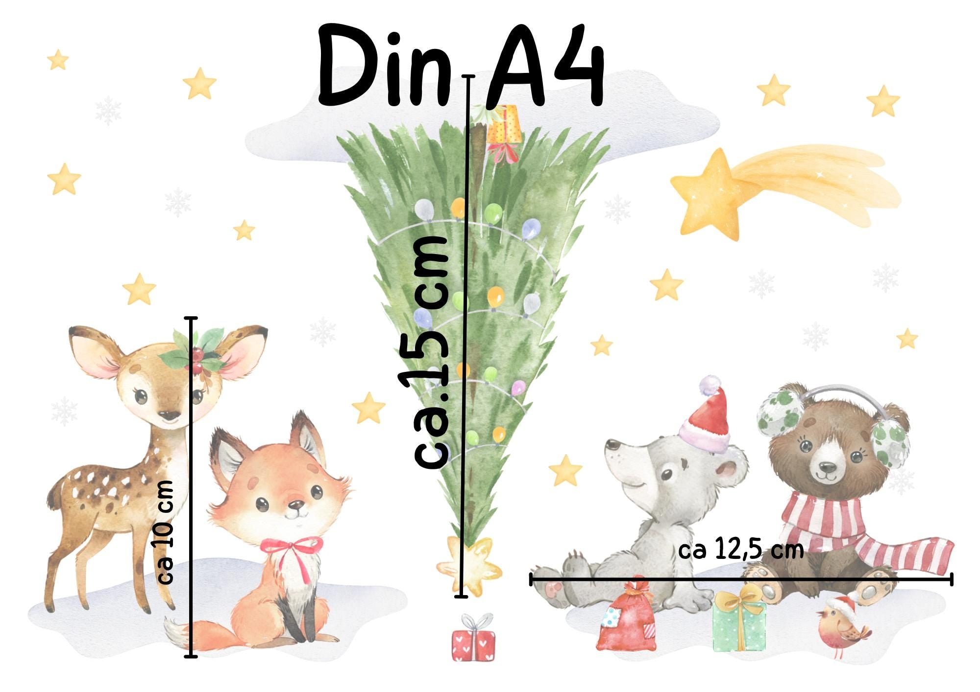Fensterbild Weihnachten Waldtiere – Reh, Fuchs, Bär & Maus mit Weihnachtsbaum - statisch haftend und wiederverwendbar – 