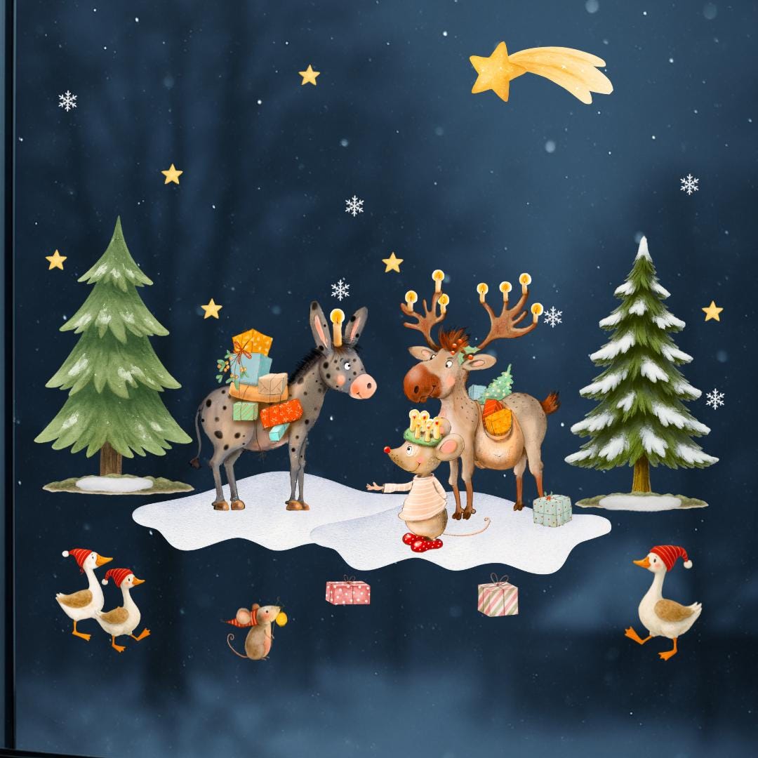 Fensterbild Weihnachten mit Rentier, Esel und Maus – Winterlandschaft mit Geschenken und Tannen – wiederverwendbare Weihnachtsdeko – 