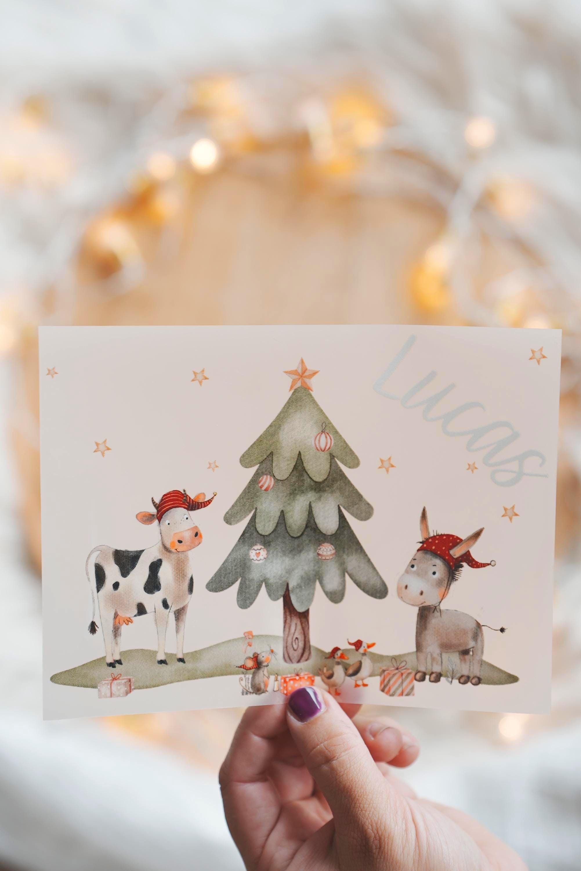 Bügelbild Weihnachten personalisiert mit Namen - Kuh & Esel unter Weihnachtsbaum – Bügelmotiv – Patches