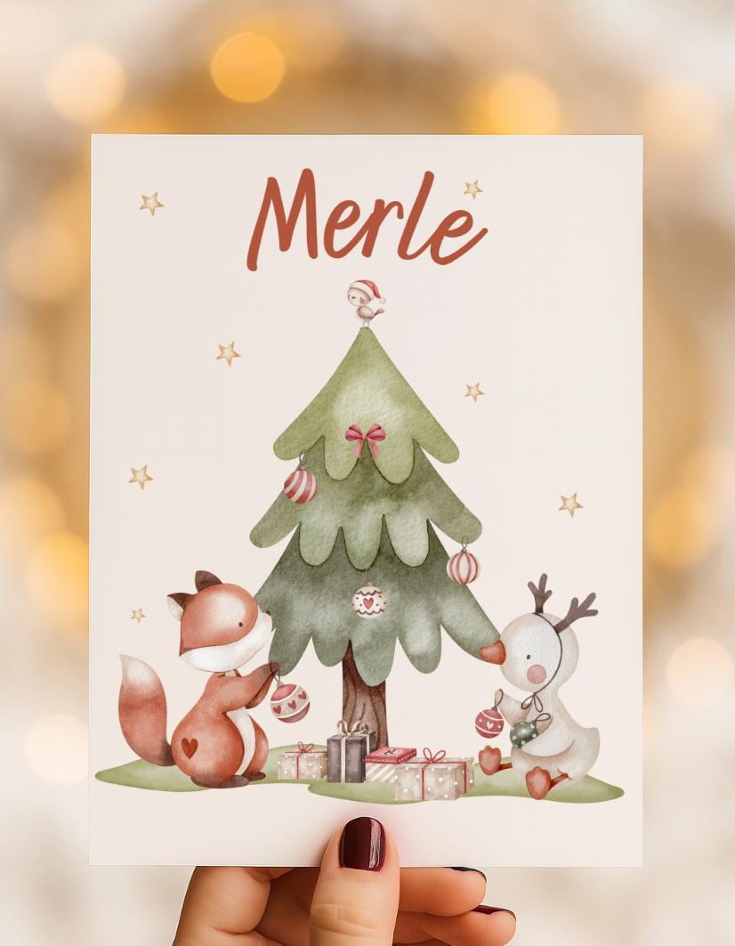 Bügelbild Weihnachten - Fuchs & Rentier mit Weihnachtsbaum – winterliches Bügelmotiv kleidung – liebevoll illustriert im Aquarellstil – Patches