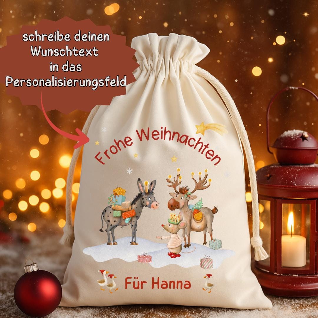 Geschenksack Weihnachten - personalisiert mit Name – Esel, Elch & Maus mit Geschenken – nachhaltiger Nikolaussack Kinder – Gift Wrapping