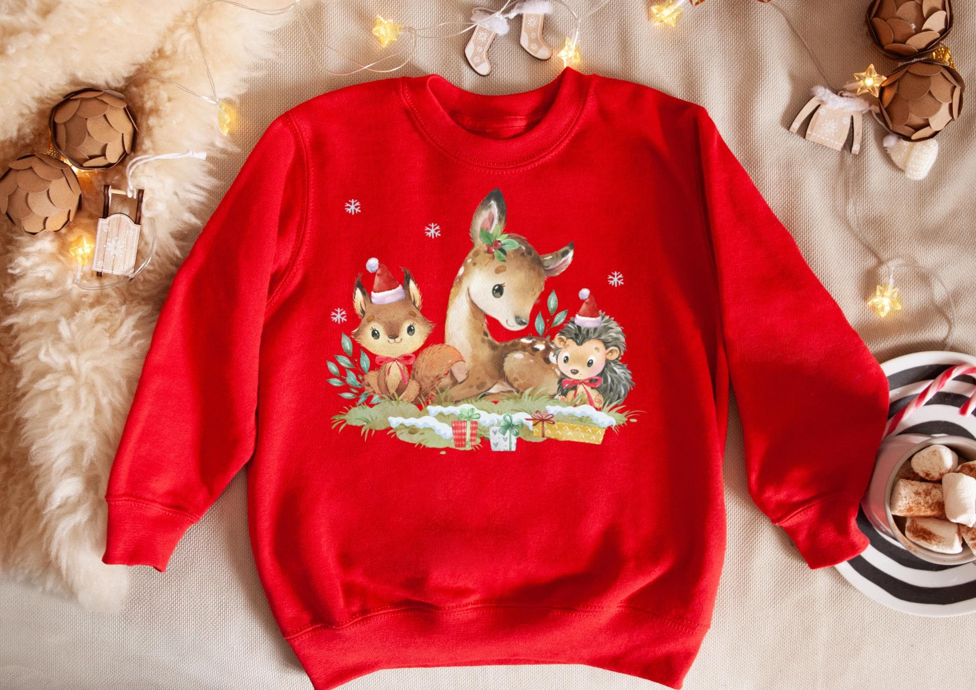 Bügelbild Weihnachten Tiere - Reh, Fuchs & Igel – DTF Bügelmotiv – für Weihnachtsshirt und Pullover – Weihnachtsmotiv Aquarell – Patches