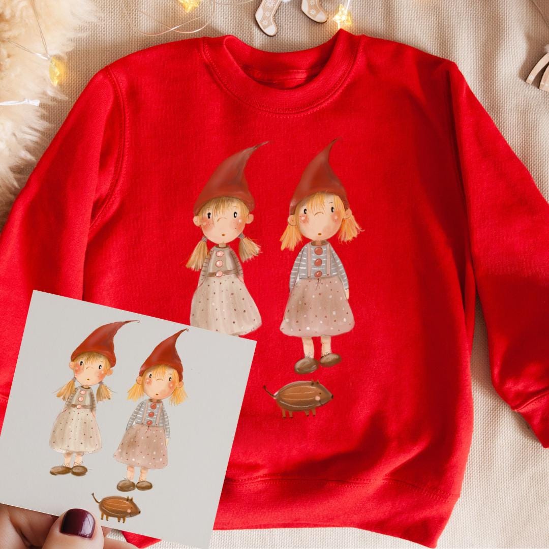 Bügelbild Wichtel Weihnachten - DTF Bügelmotiv im Aquarellstil – Wichtel für -Shirts & Pullover – Winterliches Weihnachtsmotiv – Patches