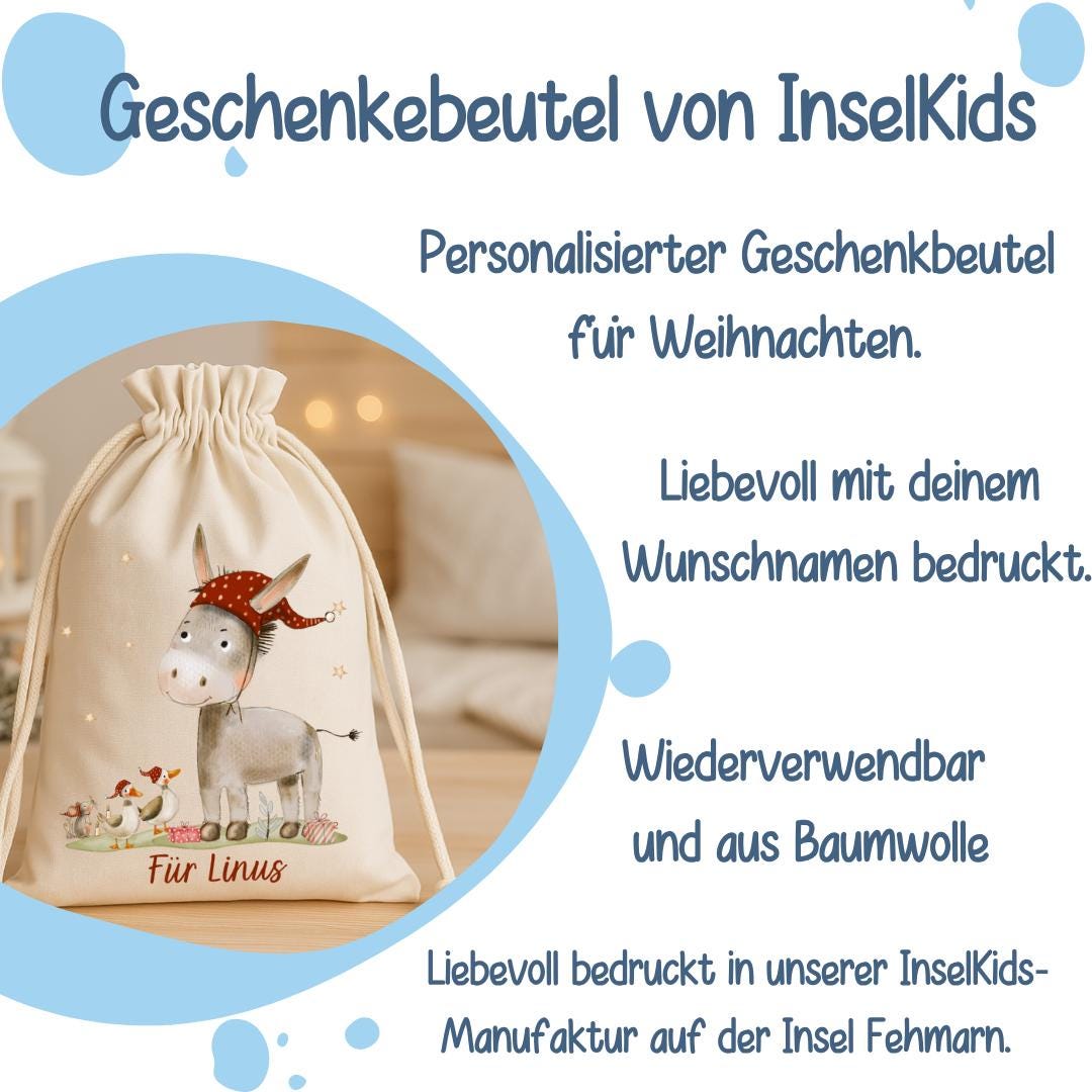 Geschenksack Weihnachten - personalisiert mit Name – Esel mit Mütze – nachhaltiger Nikolaussack Kinder im Aquarellstil – Gift Wrapping