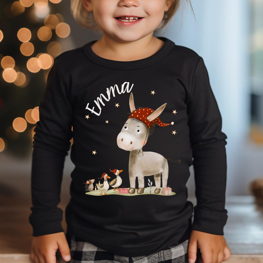 Langarmshirt Weihnachten Esel- personalisiert mit Name – Weihnachtsshirt für Kinder – T-shirts