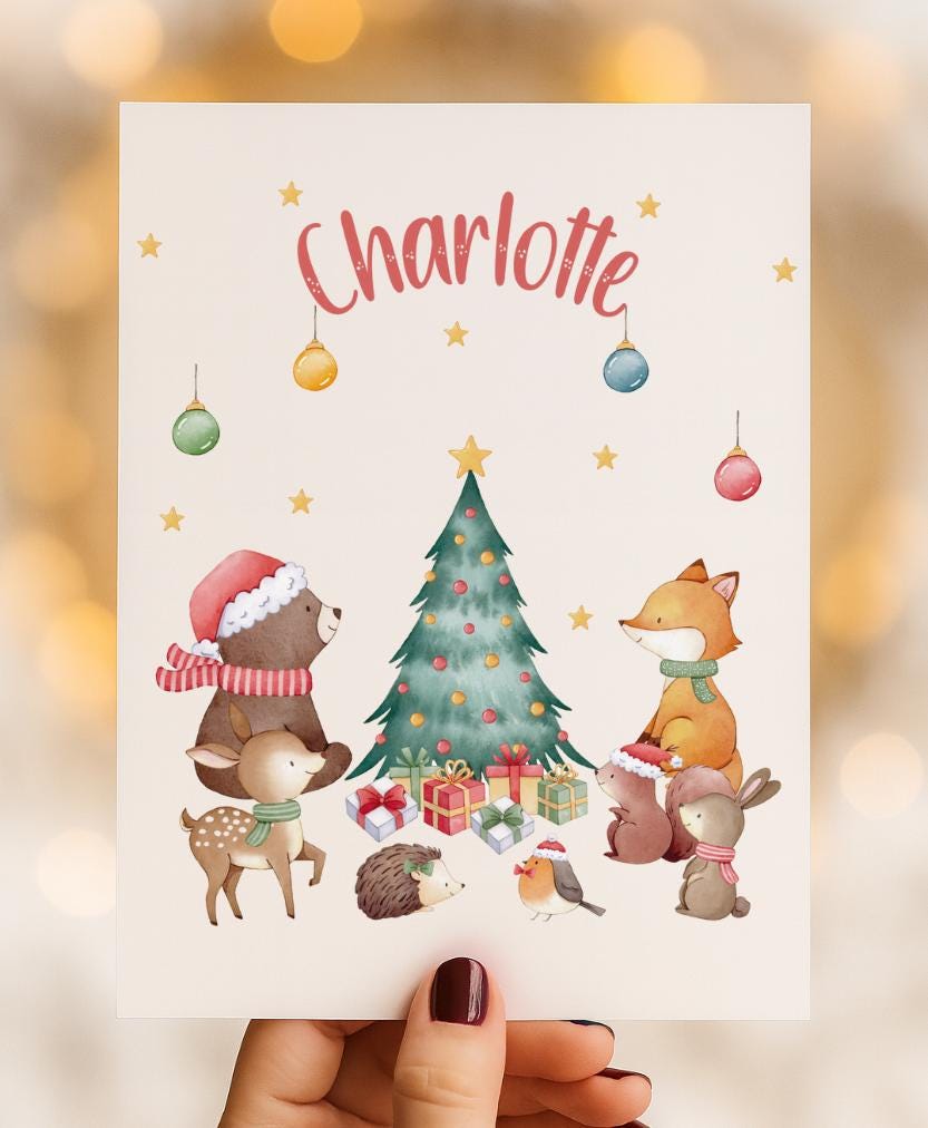 Bügelbild Weihnachten personalisiert - Waldtiere mit Weihnachtsbaum & Geschenken – DTF Bügelmotiv mit Name – Patches