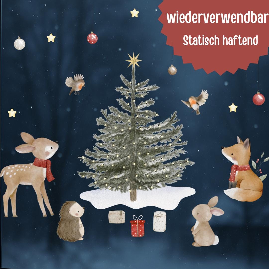 Fensterbild Weihnachten - Tiere um Weihnachtsbaum – statisch haftend & wiederverwendbar – liebevolle Fensterdeko – 