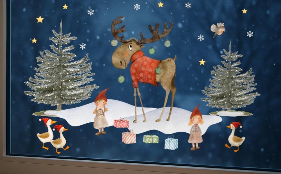 Fensterbild Weihnachten - Elch & Wichtel mit Geschenken – skandinavische Weihnachtsdeko - statisch haftend und wiederverwendbar – 