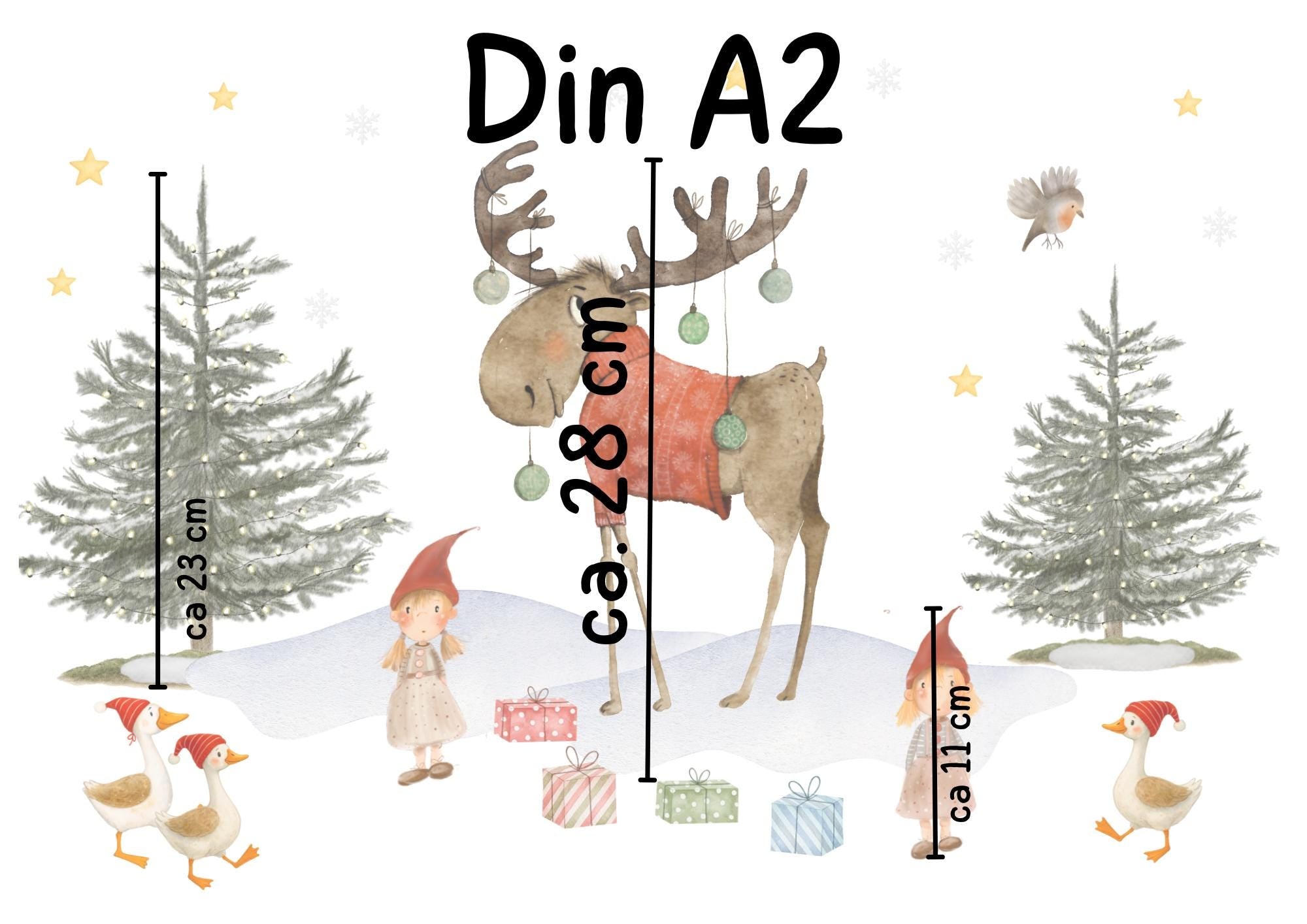 Fensterbild Weihnachten - Elch & Wichtel mit Geschenken – skandinavische Weihnachtsdeko - statisch haftend und wiederverwendbar – 