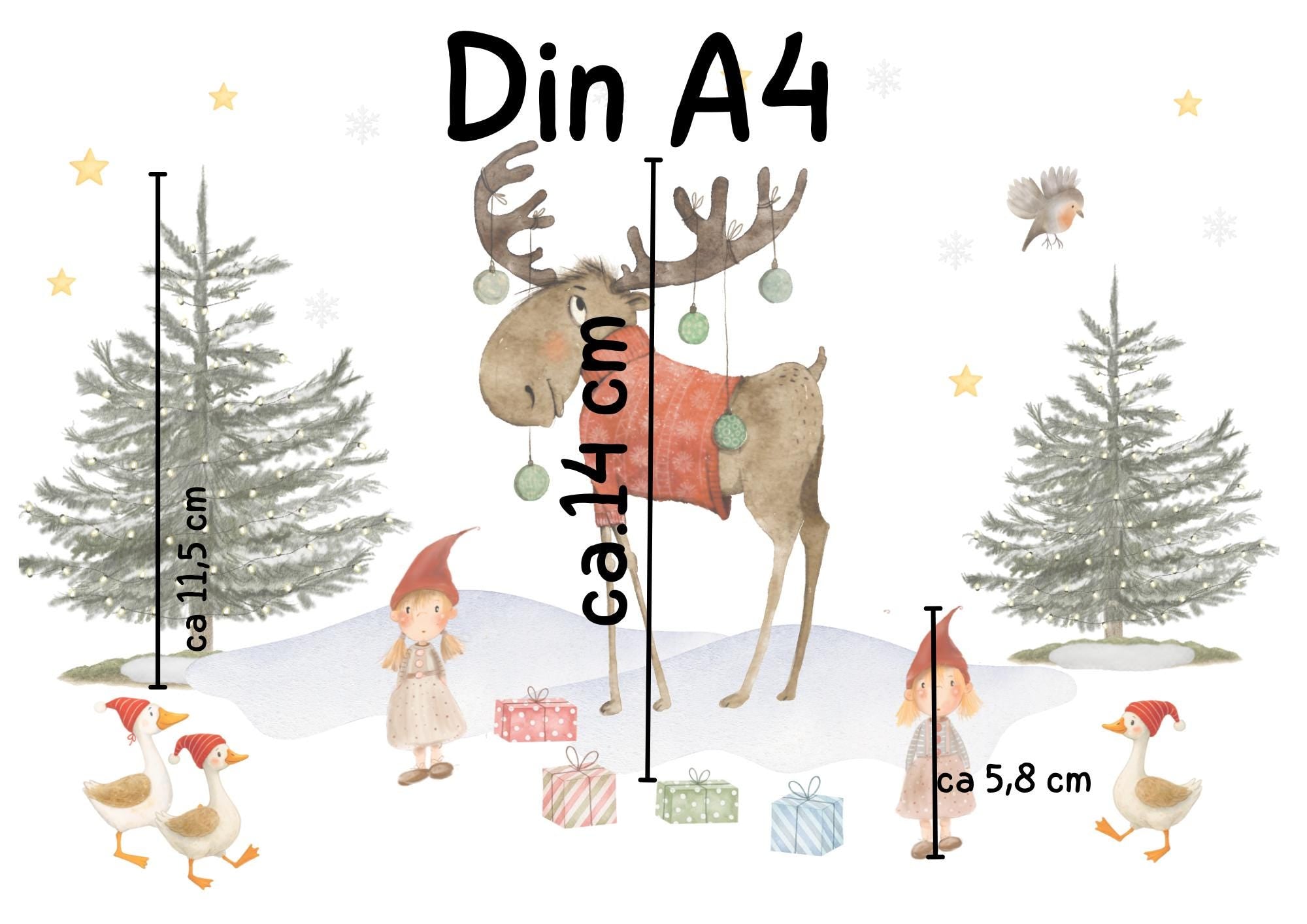 Fensterbild Weihnachten - Elch & Wichtel mit Geschenken – skandinavische Weihnachtsdeko - statisch haftend und wiederverwendbar – 