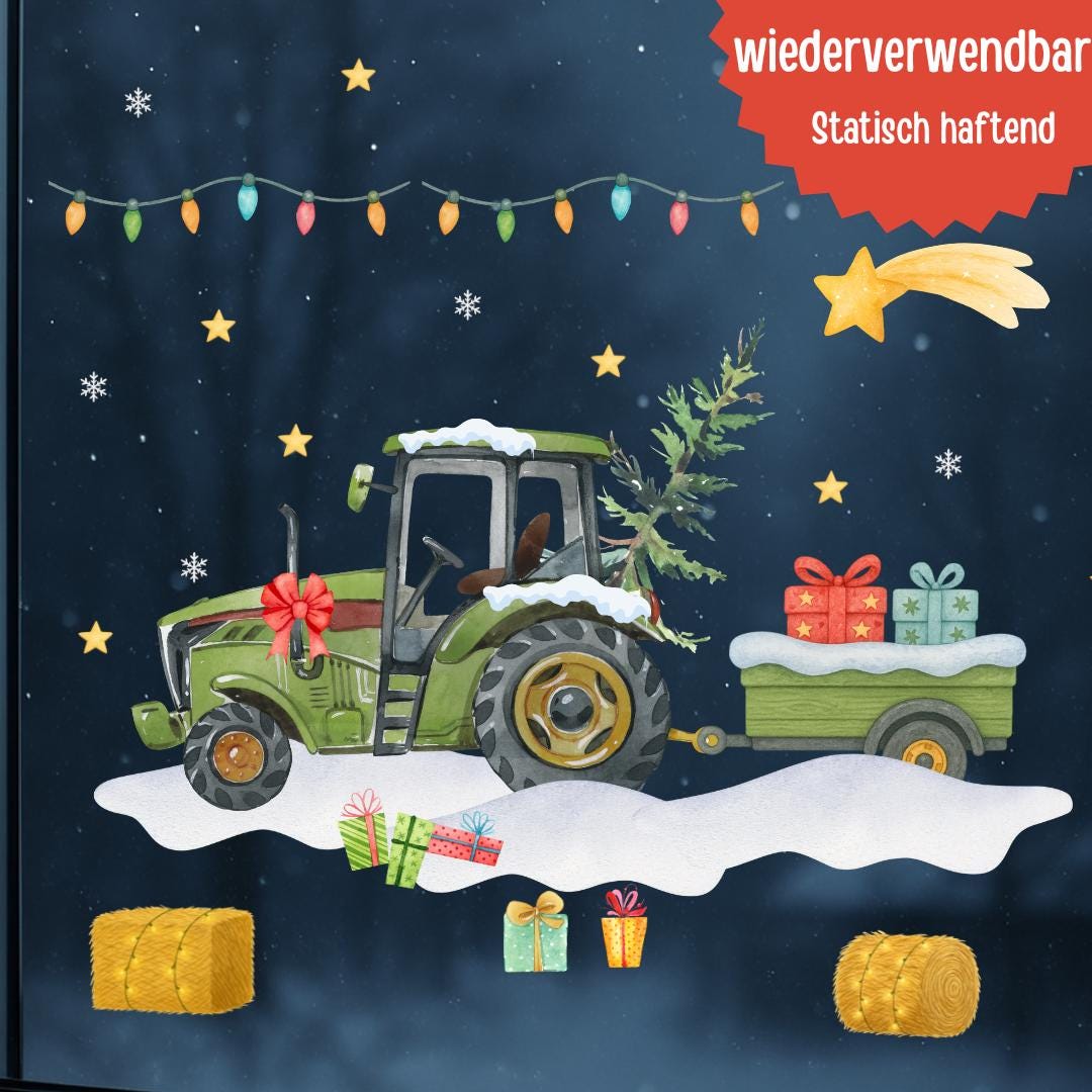 Fensterbild Weihnachten Traktor - Statisch haftend & wiederverwendbar – Weihnachtsdeko Fenster Bauernhof – Grüner Traktor mit Geschenken – 