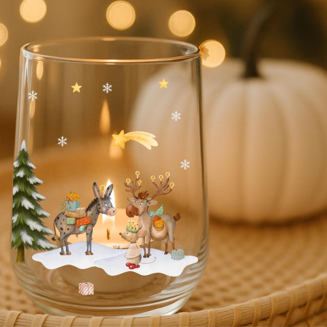 Wasserfeste Sticker Weihnachten - Dekosticker für Kerzengläser, Windlichtern Winterdeko – Aufkleber Glas mit Esel, Elch & Maus – Stickers