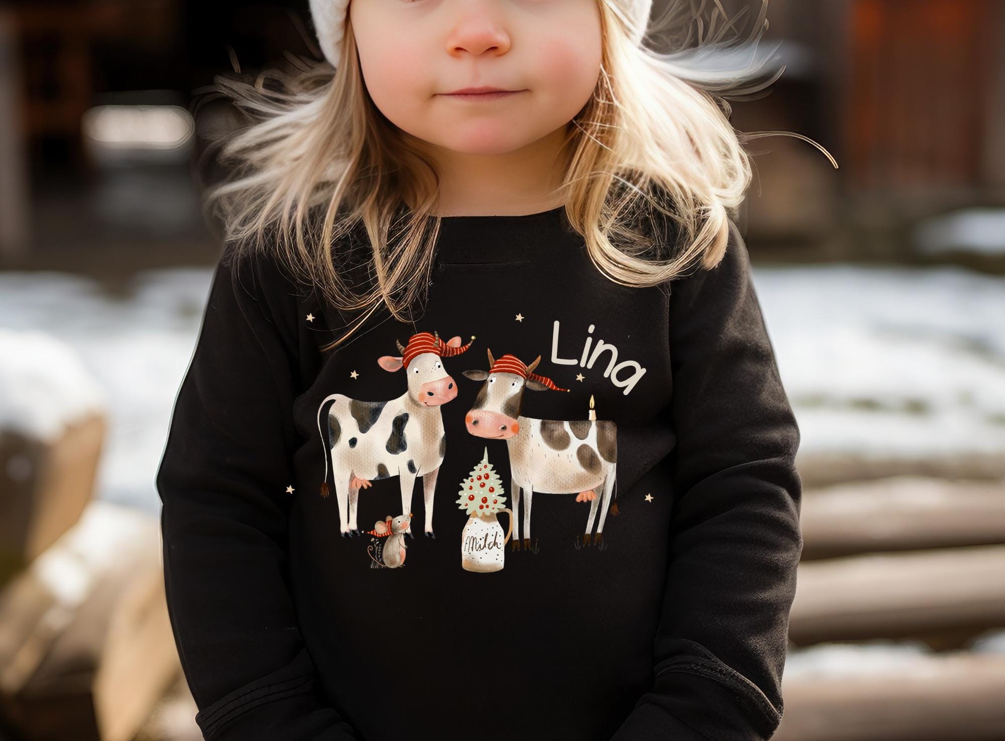 Weihnachten Langarmshirt Bauernhof - personalisiert mit Namen – Weihnachtsshirt Kühe – Weihnachtskleidung – T-shirts