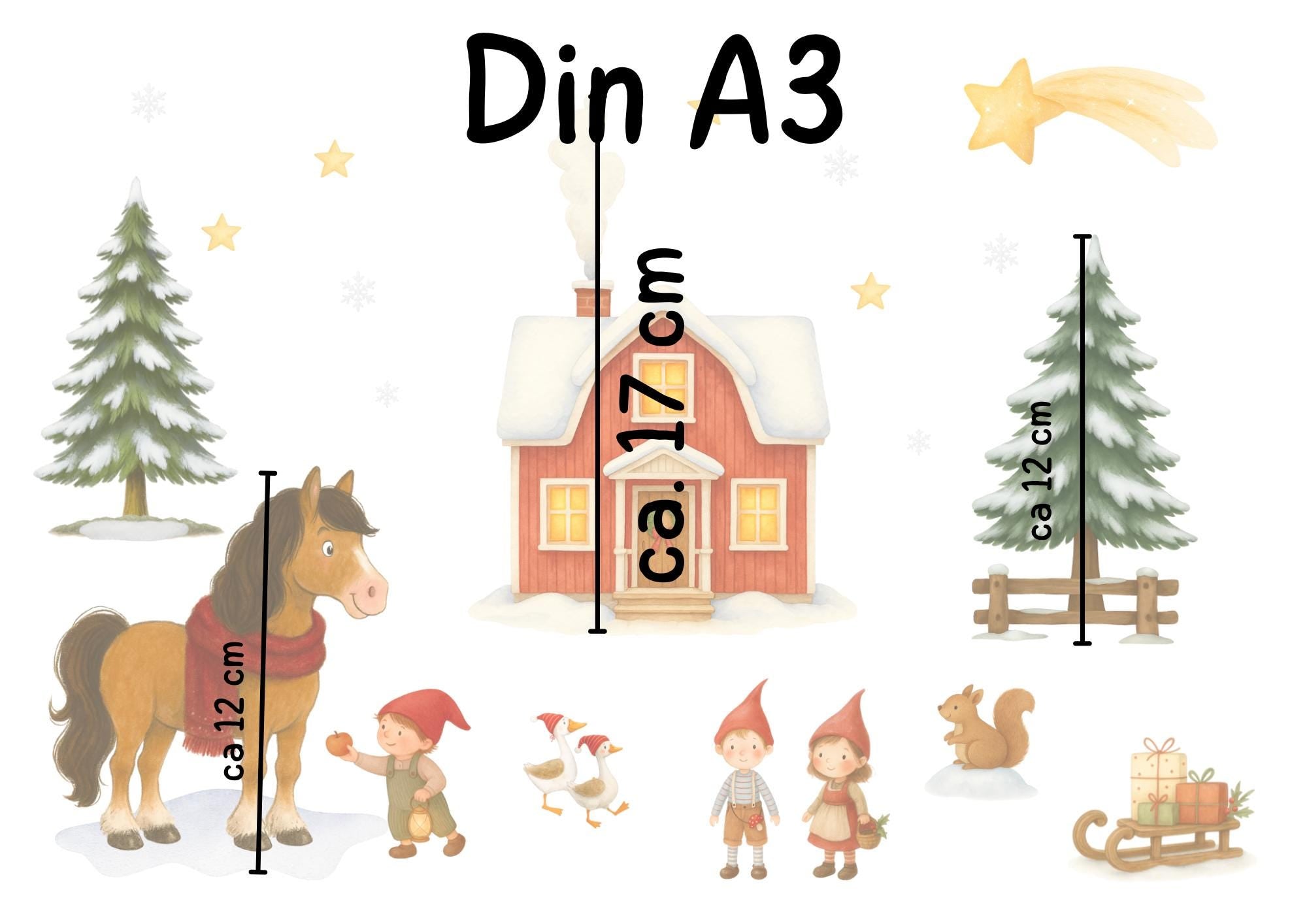 Fensterbild Weihnachten - skandinavischer Hof mit Pferd & Wichteln – statisch haftend und wiederverwendbar – nordische Weihnachtsdeko – 