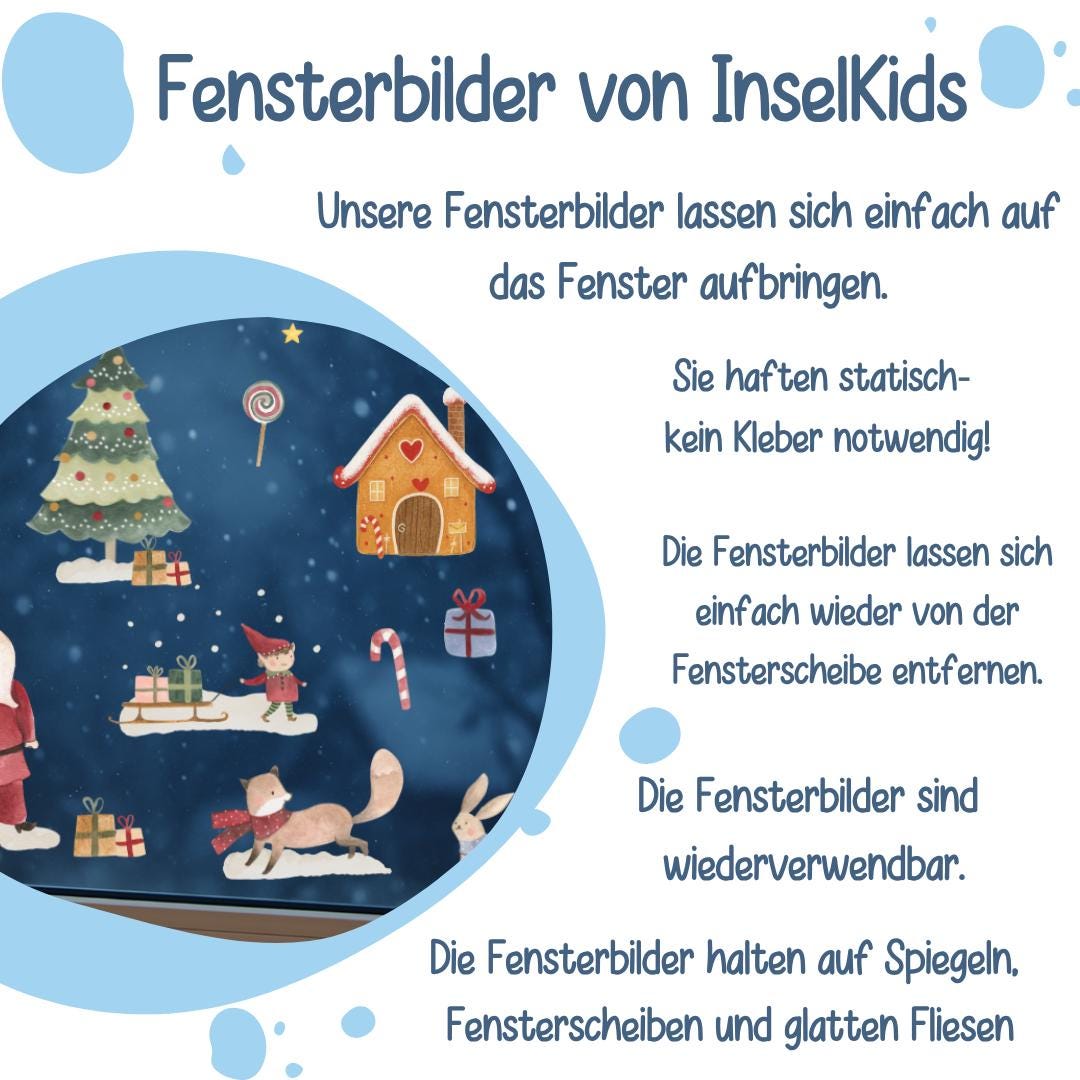 Fensterbild Weihnachten - Weihnachtsmann, Wichtel & Lebkuchenhaus – statisch haftend und wiederverwendbar – festliche Fensterdeko – 