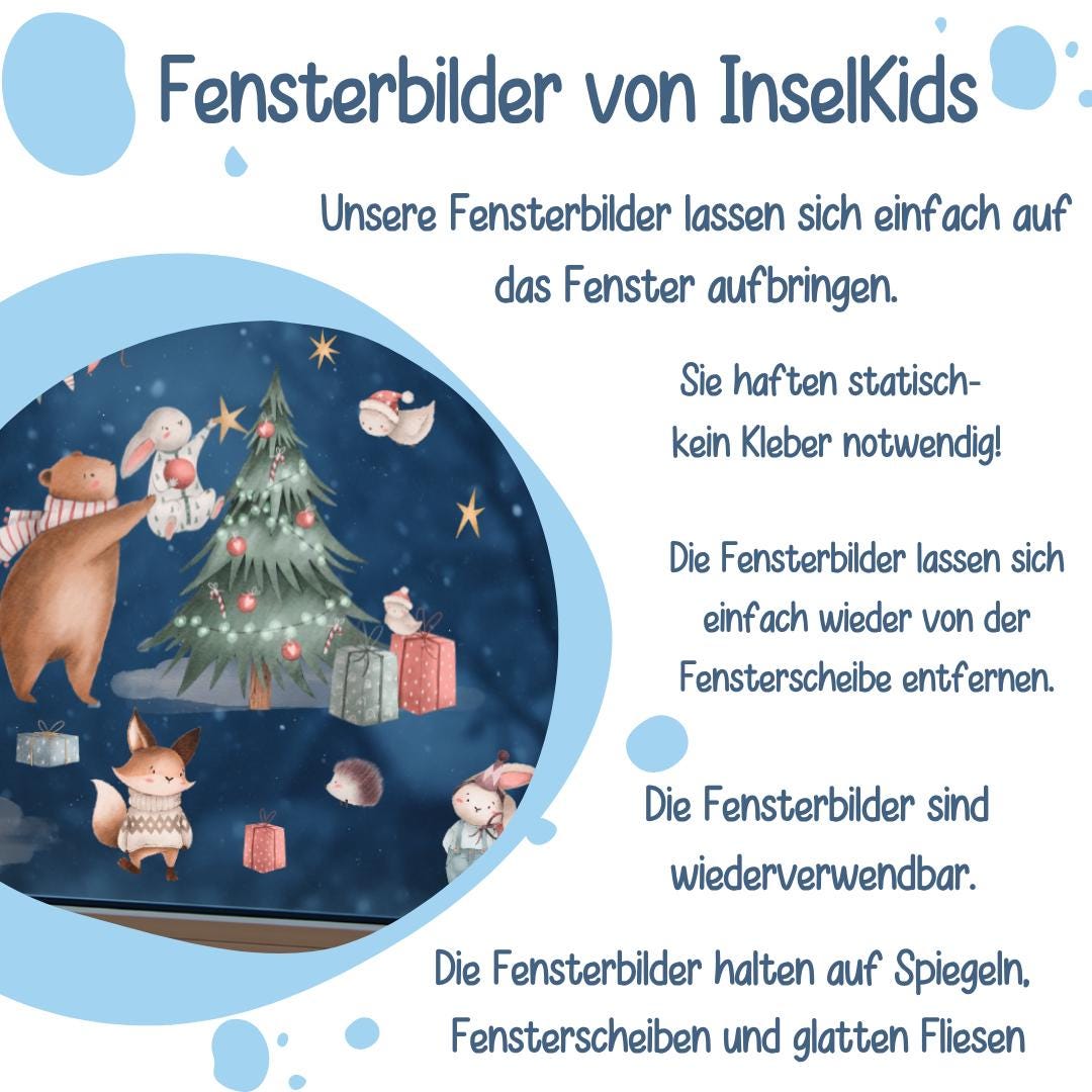Fensterbild Weihnachten - Wintertiere mit Geschenken & Weihnachtsbaum – statisch haftend und wiederverwendbar – 