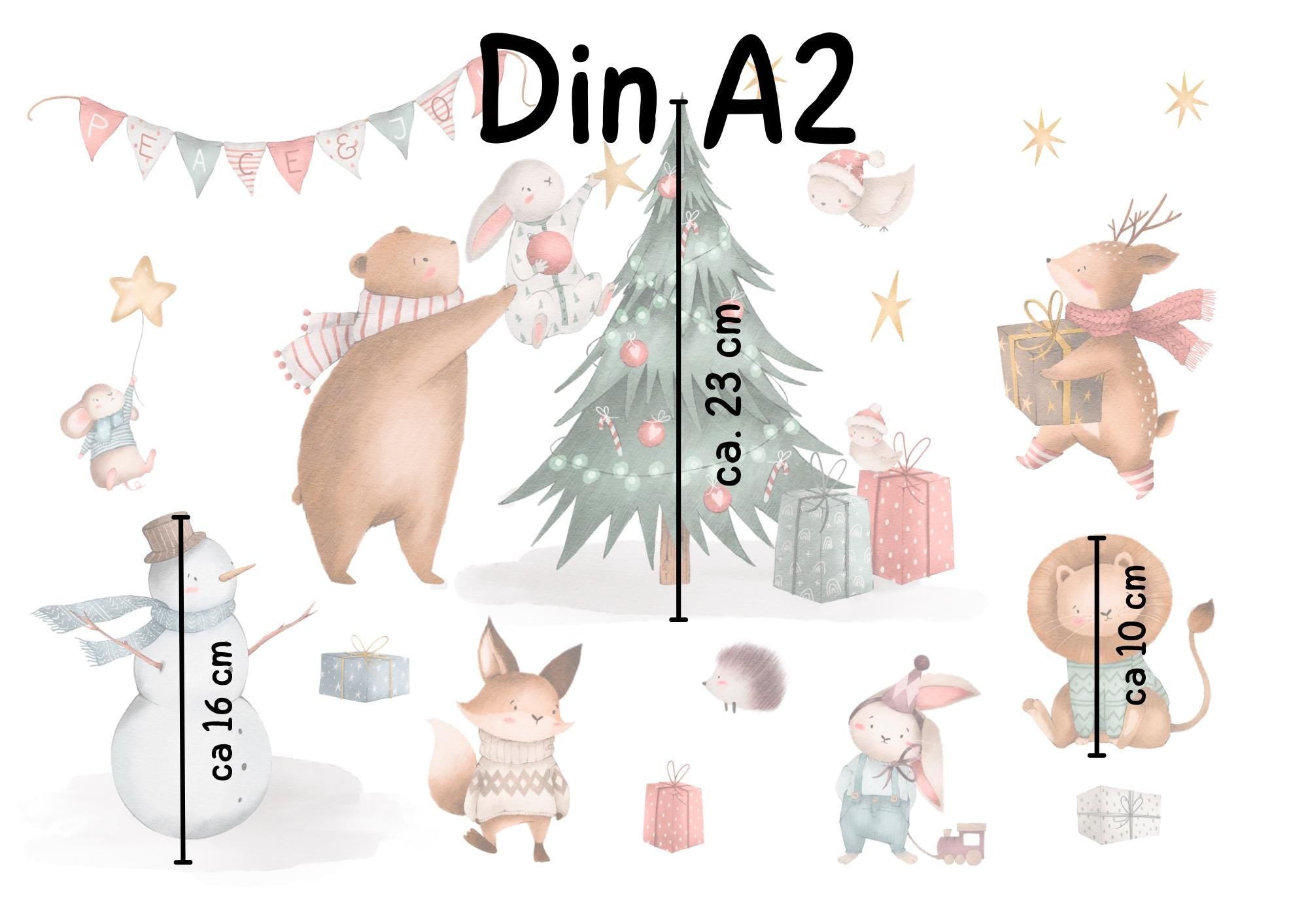 Fensterbild Weihnachten - Wintertiere mit Geschenken & Weihnachtsbaum – statisch haftend und wiederverwendbar – 